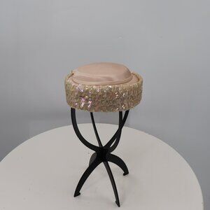 Vintage Pink Satin and Sequin Pillbox Hat